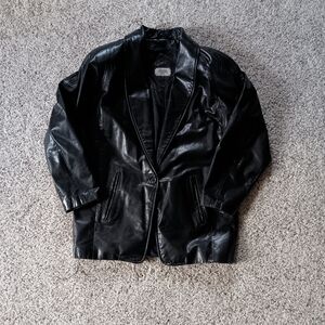 VTG Toff's Genuine Leather Black Jacket 80s Style Shoulder Pads Single Button